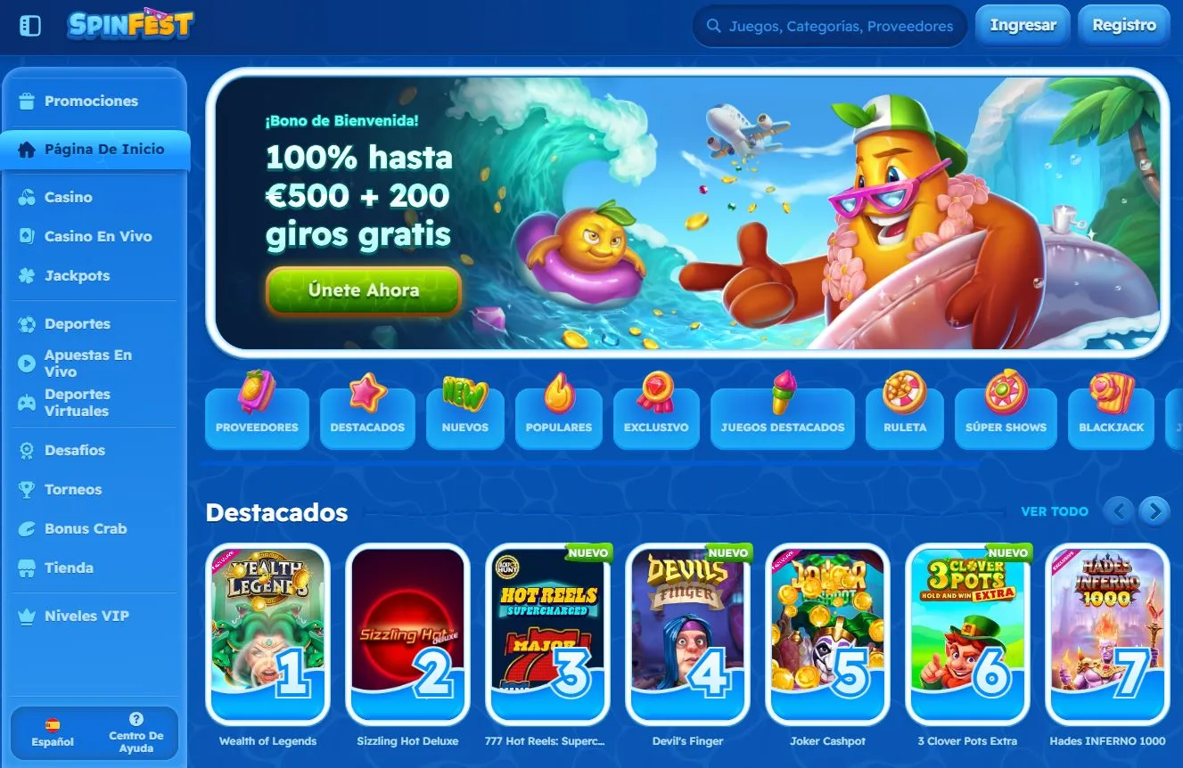 Botón de inicio para navegar a la página principal de SpinFest Casino